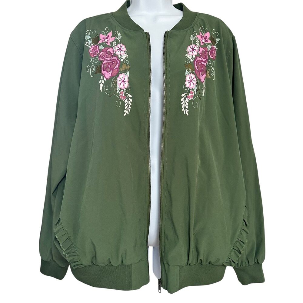 Disney Green Pink Floral Embroidered Ruffle Bomber Jacket Torrid Size 2 (XXL) - Picture 4 of 10